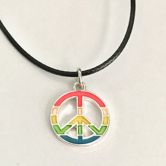 Peace Sign Pendant Choker Necklace Black Cord 16-18" Rainbow Hippie LGBT Retro - Picture 2 of 6